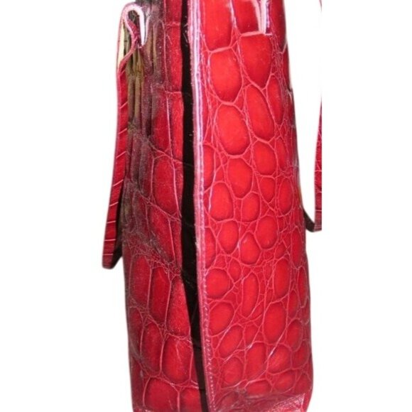 FURLA Vintage Croc Embossed Maroon Red Italian Leather Tote Handbag - Picture 7 of 12